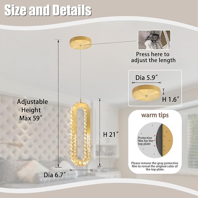 1-Ring Chandelier Gold Modern Pendant Lighting LED Dimmable Hanging Crystal Chandelier for Kitchen Island Foyer Lobby Living Room Staircaes