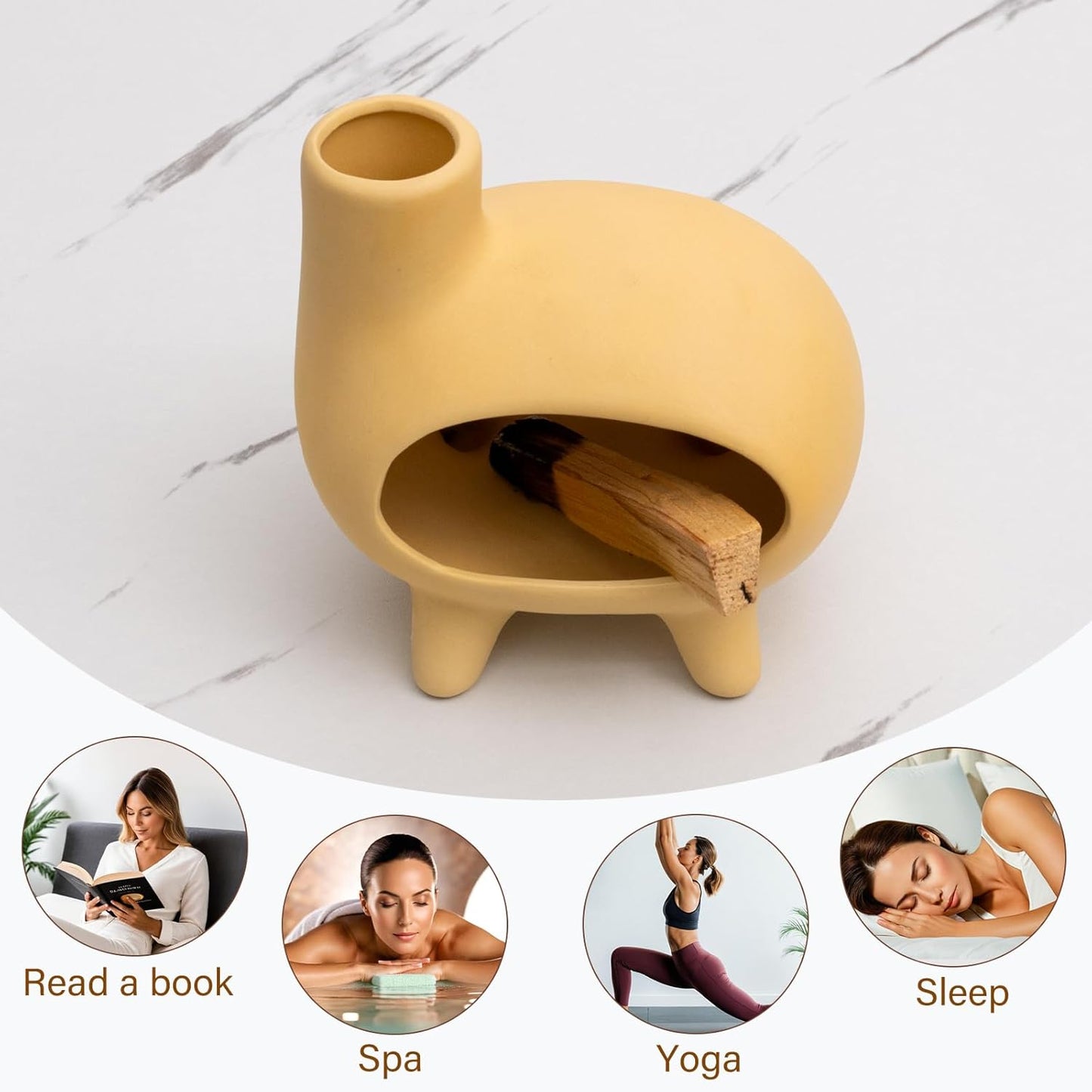 Elegant Handcrafted Ceramic Palo Santo Burner-Yellow Terracotta Footed Incense Holder for Meditation,Compatible with Wood Sticks,Sage,Ash&Cones-Mini Aromatic Home Altar with Chimney Design