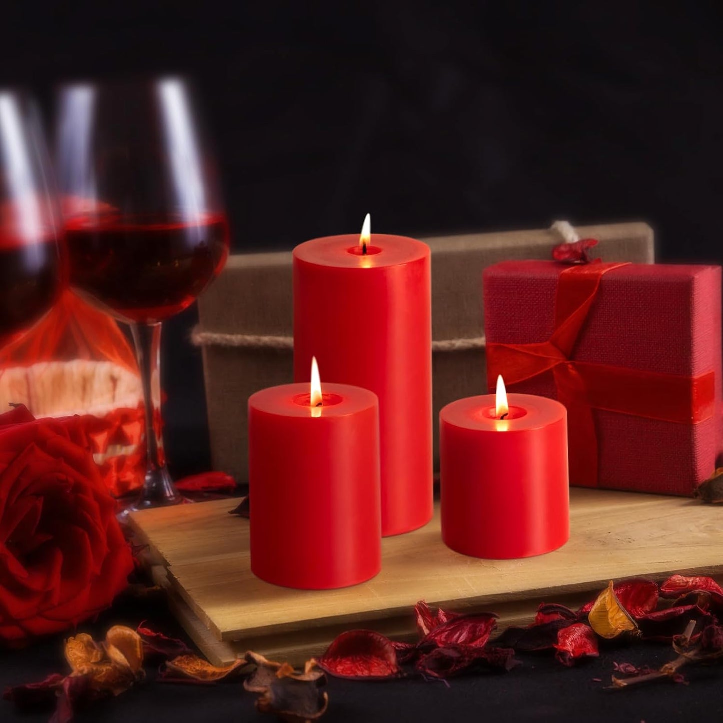 KONNI Red Pillar Candles Set of 3, 3"x 6" Unscented Pillar Candles Bulk, 56 Hours Long Burning Candles, Smokeless and Dripless Large Round Candle for Wedding, Home Decoration, Parties, Spas, Dinner