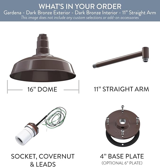 Steel Lighting Co. Gardena Barn Light | Outdoor Wall Mounted | 16" Dome | 11" Straight Arm | Farmhouse Light Made in America | Dark Bronze Exterior/Dark Bronze Interior