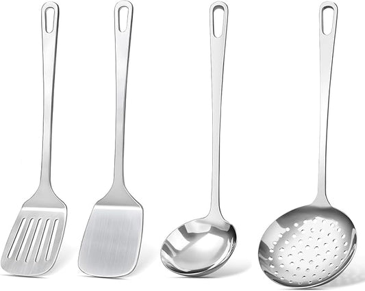 4 Pcs Cooking Utensils Set, Stainless Steel Kitchen Utensils, Heat Resistant Metal Kitchen Tools Include Solid & Slotted Turner Wok Spatula, Serving Spoon, Ergonomic Handle, Easy to Clean, Silver