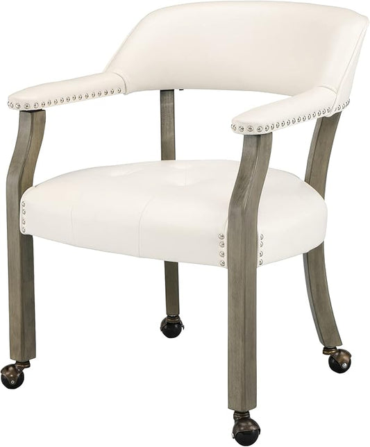 MODERION Dining Chair with Wheels and Arms - Solid Wood Boss Captain's Chair, Office Desk Swivel Accent Chair, Upholstered, 31.5"H for Living Room, White SY1318WT