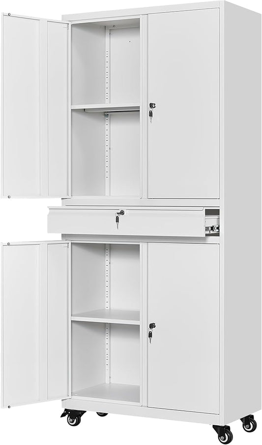 Yizosh Metal Garage Storage Cabinet with Locking Doors and Adjustable Shelves, 73" Rolling Tool Storage Cabinet with 4 Wheels and 1 Drawer for Garage,Warehouse