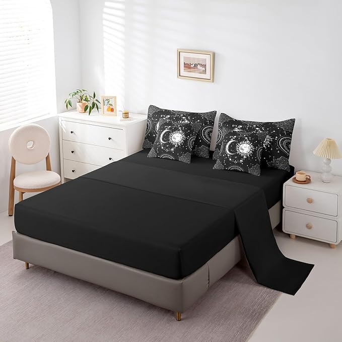 Sun and Moon 7 Piece Bedding Set, Constellation Galaxy Comforter Set Cover for Kids Boys Girls Teens Psychedelic Boho Mandala Bedding Set Celestial Black White Full Size