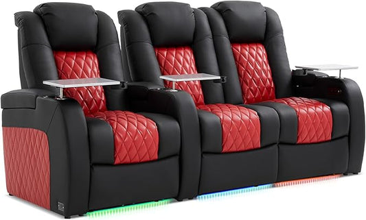 Home Theater Seating, Top Grain Leather Movie Seats Recliner Chair, Zero Gravity Reclining Gaming Sofa with Power Headrest 7 Colors Ambient Lighting 3 Seats Loveseat Right Black Dark Red