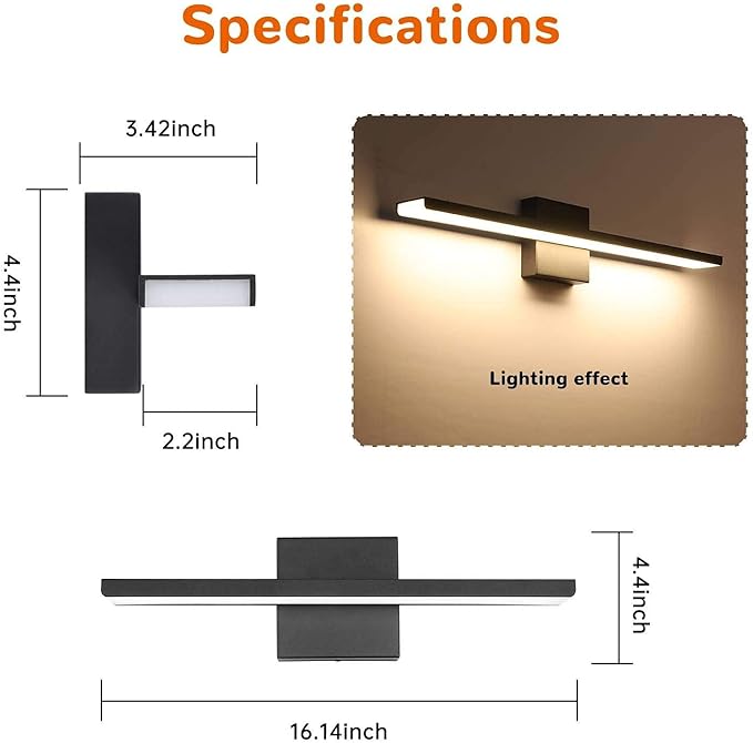 JUSHENG Bathroom Vanity Light Fixtures 16" Inch Long Modern Matte Black Aluminum Wall Sconces Lamps for Bathroom Mirror Lighting Fixture Bedroom Hallway Light 16W 3000K