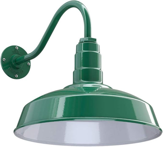 Steel Lighting Co. Gardena Barn Light | Outdoor Wall Mounted | 16" Dome | 16" Gooseneck | Farmhouse Light Made in America | Green Exterior/White Interior