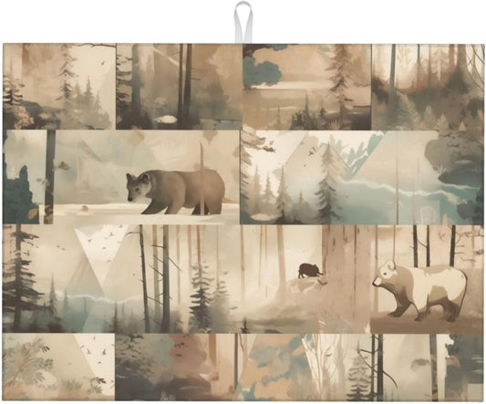 Retro Forest Bear Dish Drying Mat 18x24 For Kitchen Counter Absorbent Microfiber Dishes Pad Dish Drainer Rack Mats Fast Dry Kitchen Accessories