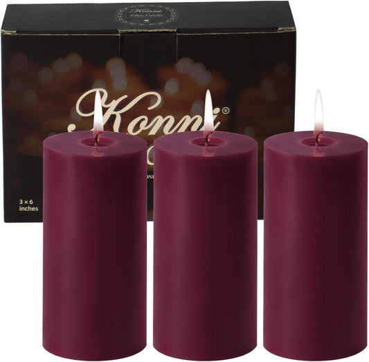 KONNI Purple Pillar Candles Set of 3, 3"x 6" Unscented Pillar Candles Bulk, 56 Hours Long Burning Candles, Smokeless&Dripless Large Round Candle for Wedding, Home Decoration, Parties, Spas, Dinner