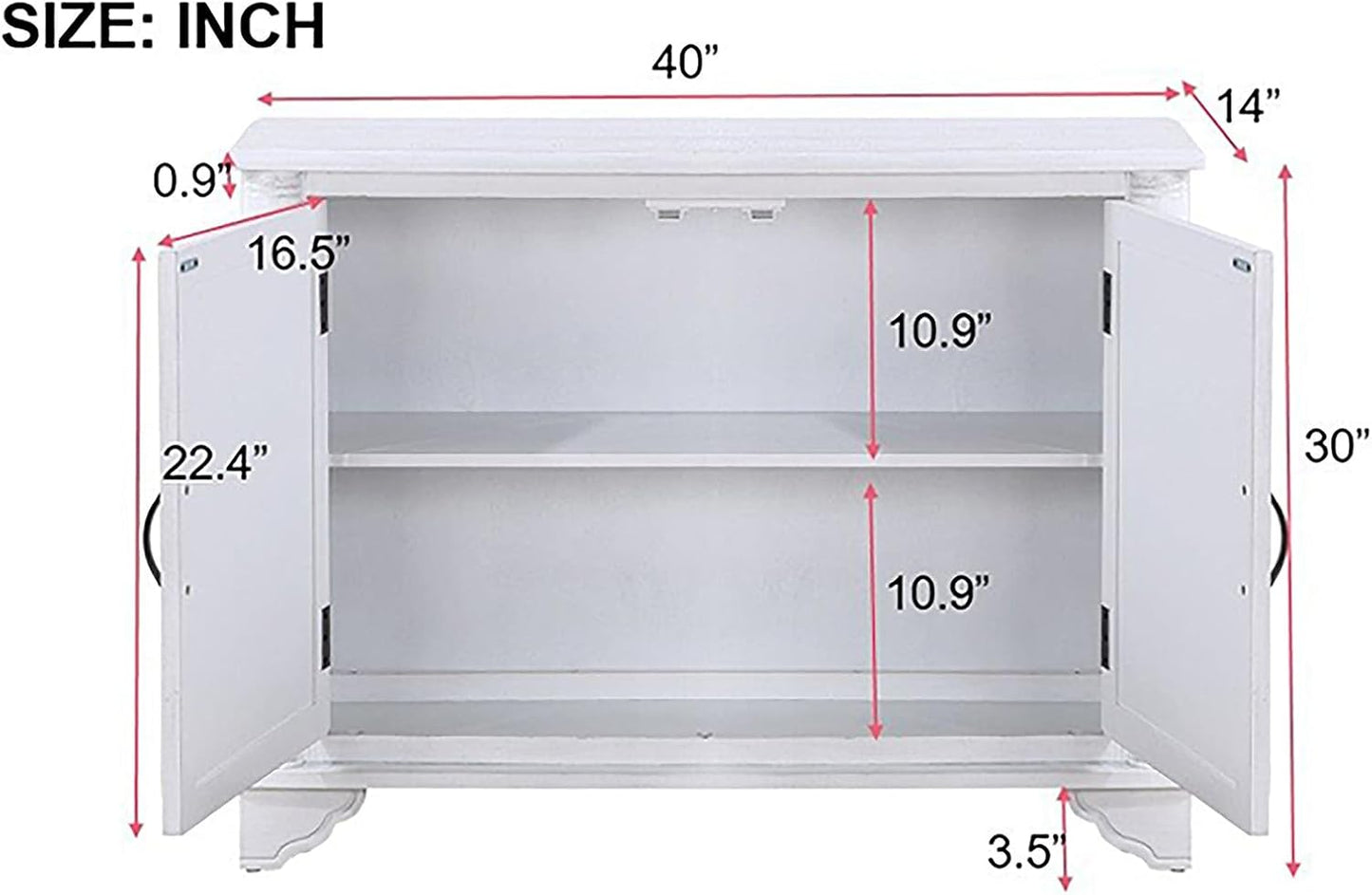 HMFULE 40" Sideboard Cabinet 2-Doors Solid Wood, Buffet Cabinet with Storage Adjustable Shelf, Antique Console Table Accent for Hallway, Living Room, Dining Room, Kitchen, Entry Way (White)