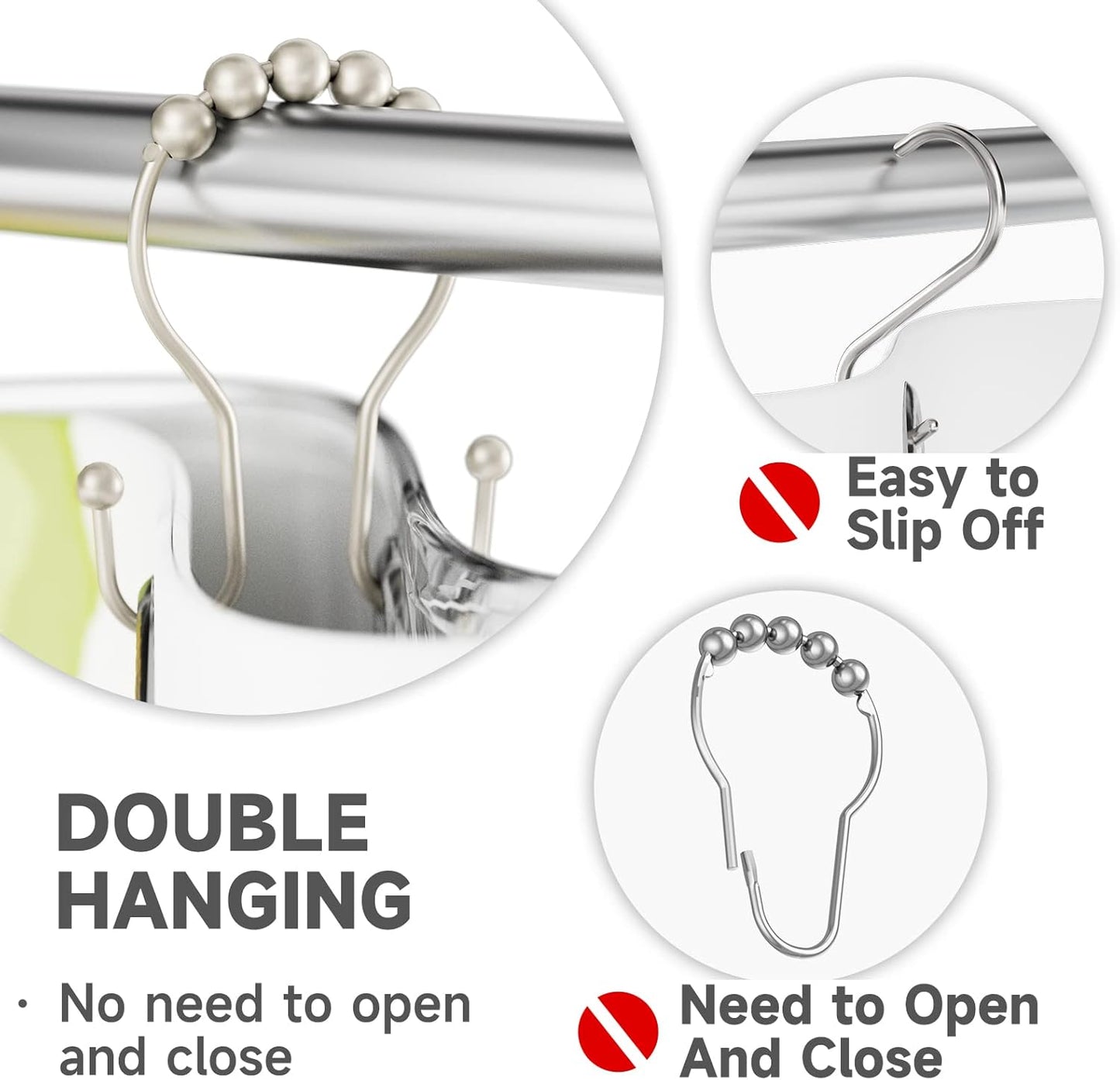 Shower Curtain Hooks Rust Proof Shower Curtain Rings, Smooth Glide Double Hook Shower Curtain Hooks,Shower Hooks for Shower Curtain Matte Nickel Shower Rod Hooks Shower Curtain Hangers 12Pcs