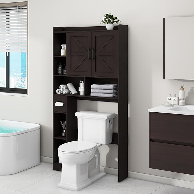 Over The Toilet Storage Cabinet, Farmhouse Storage Cabinet Over Toilet with 2 Barn Door & Toilet Paper Holder Stand，Home Space-Saving Toilet Rack, for Bathroom, Restroom, Laundry