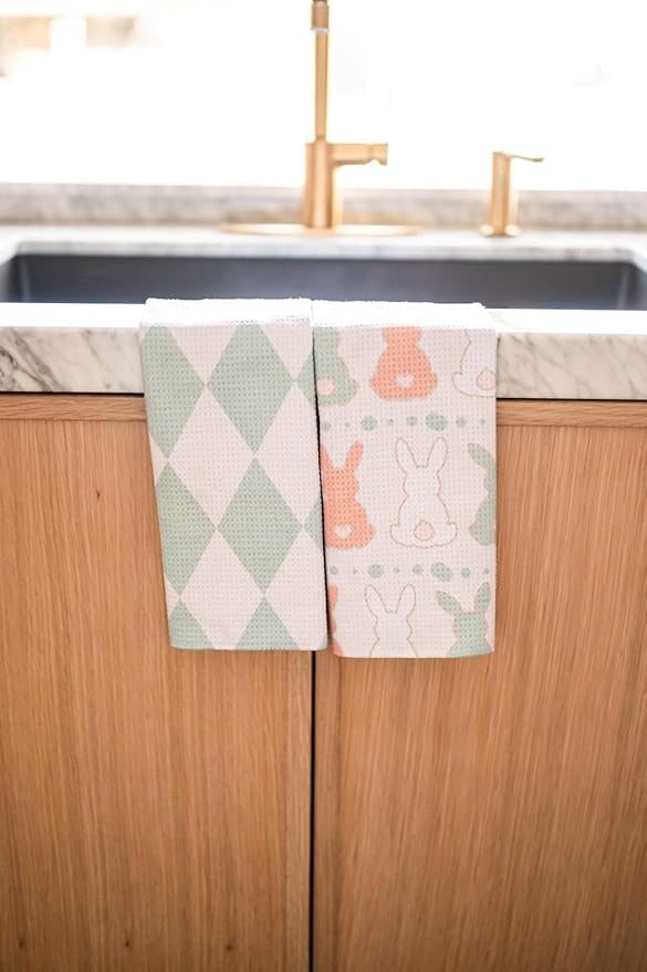 || 2 Pack Double Sided || Not Your Ordinary Dish Towels || Waffle Weave Microfiber || Tea Towels || Highly Absorbent || Hanging Loop || Dish Cloths || Designer Prints || Easter Bunny