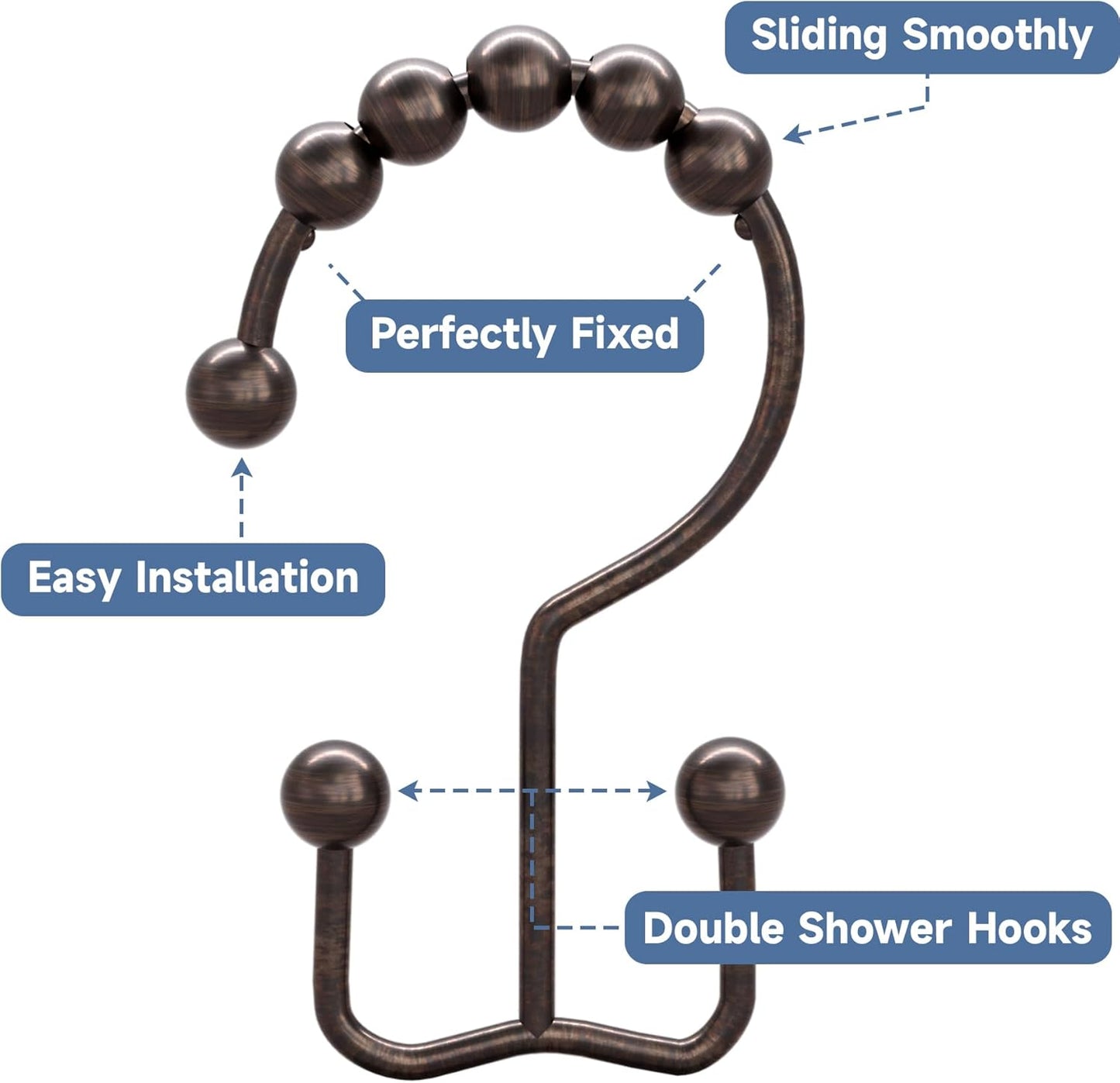 Titanker Shower Curtain Hooks Rings, Rust-Resistant Metal Double Glide Shower Hooks for Bathroom Shower Rods Curtains, Set of 12 Hooks - Bronze