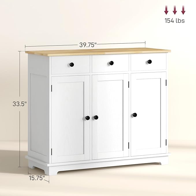 HOMCOM Sideboard with Solid Wood Countertop, Modern Kitchen Storage Cabinet, Coffee Bar Cabinet with 3 Drawers, Doors and Adjustable Shelf, Distressed White