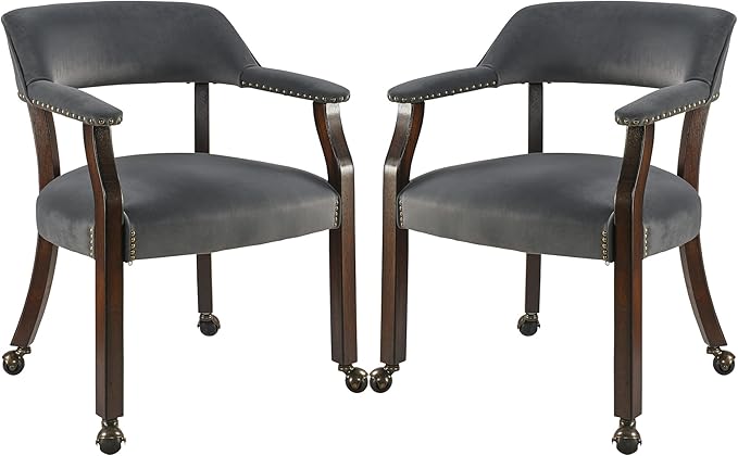Dinning Chairs with Wheels and Arms Set of 2, Solid Wood Office Desk Chairs with Frosted Velvet Upholstered, Classic Swivel Accent Chairs, 31.5" H Boss Caption's Chair, Periwinkle XXY-HT22-PW