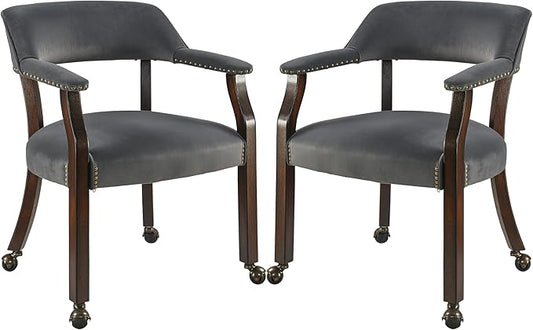 Dinning Chairs with Wheels and Arms Set of 2, Solid Wood Office Desk Chairs with Frosted Velvet Upholstered, Classic Swivel Accent Chairs, 31.5" H Boss Caption's Chair, Periwinkle XXY-HT22-PW