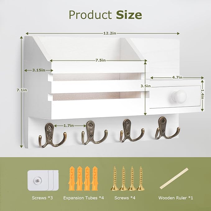 Key Holder Wall Mount, Wooden Adhesive Mail and Key Organizer with Drawer, Small Shelf, 8 Hooks, 2 Installation Methods, White