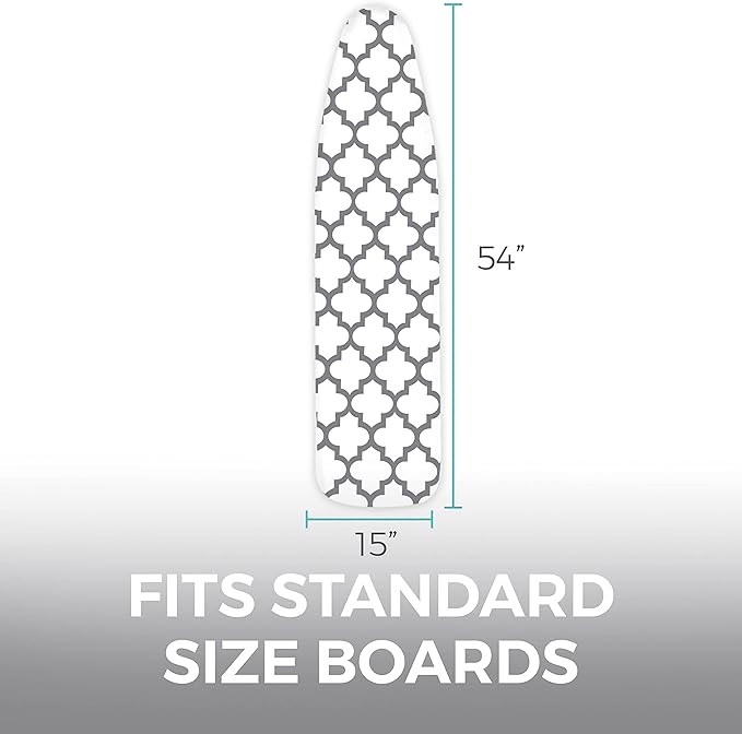HOME GENIE Ironing Board Cover, Silicone Coating, Full Size Scorch Resistant Padding, Elastic Edge Heavy Duty Iron Pad Covers Standard Boards, Hook and Loop Fastener Strap Extra Thick, Quatrefoil Gray