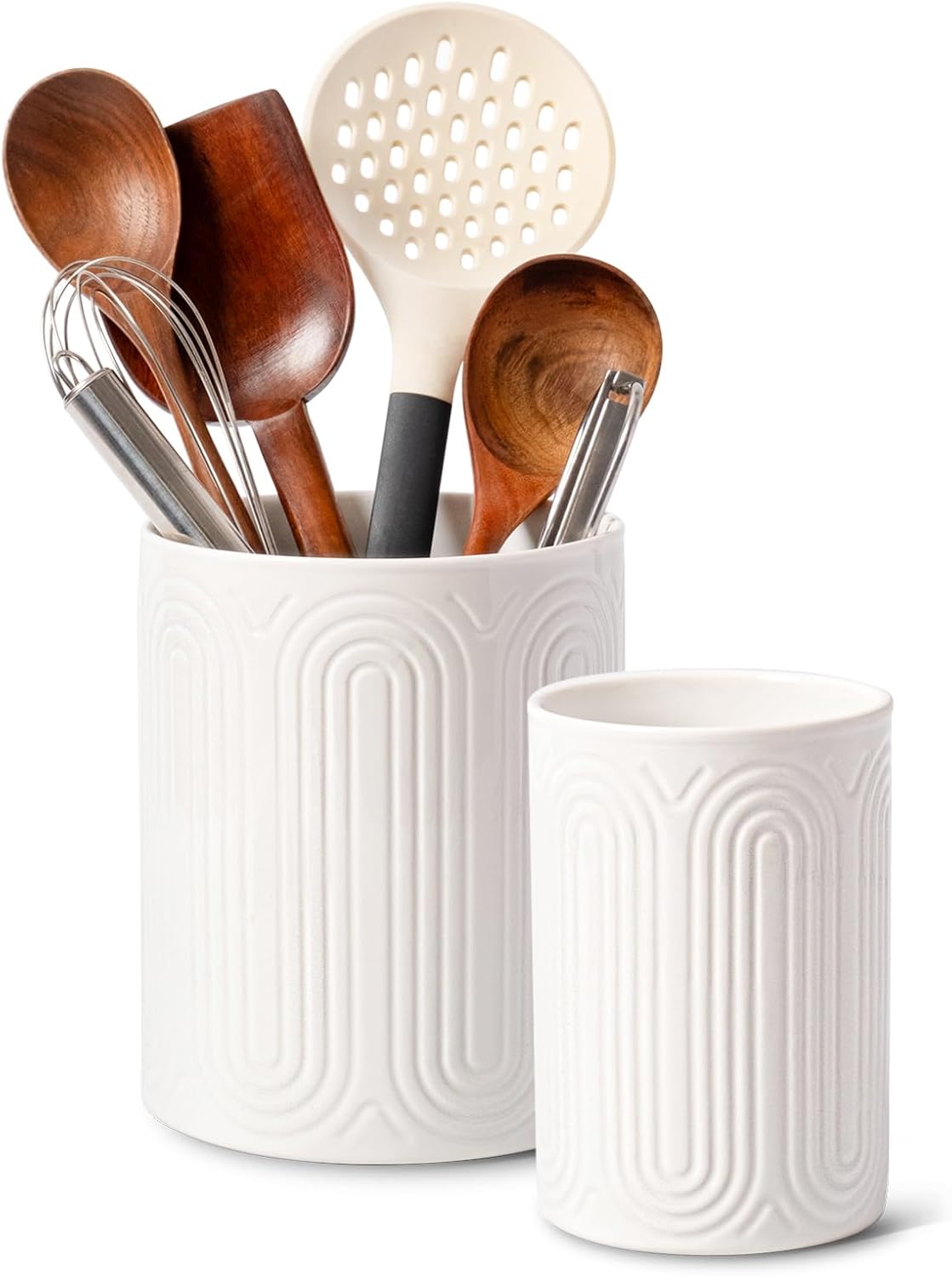 INSETLAN Ceramic Utensil Holder Set – 7.1" & 5.4" Kitchen Utensil Organizers for Countertop, Arch-Design Utensil Crocks for Farmhouse Decor & Kitchen Counter, Perfect Housewarming Gift