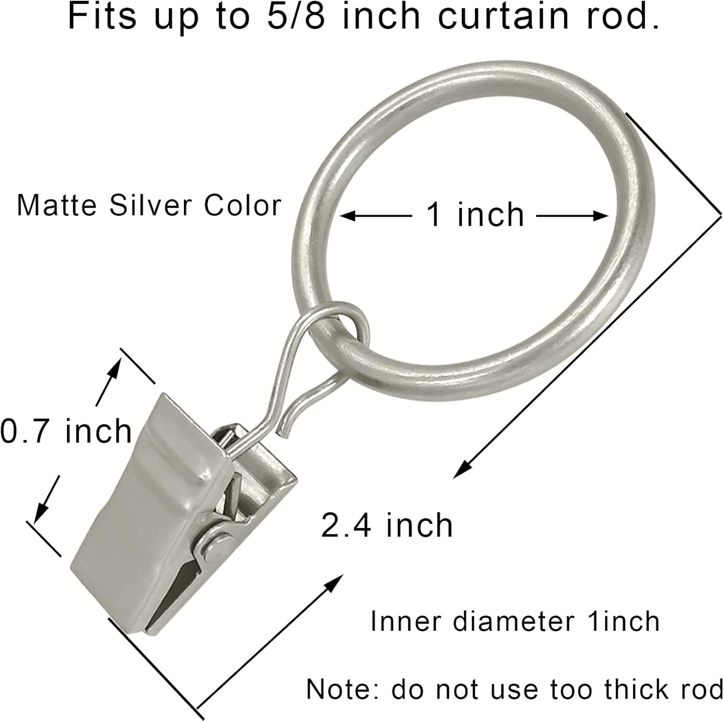44 Pack Metal Curtain Rings with Clips, Drapery Clips with Rings, Drapes Rings 1 inch Inner Diameter, Fits Diameter 5/8 inch Curtain Rods, Matte Silver