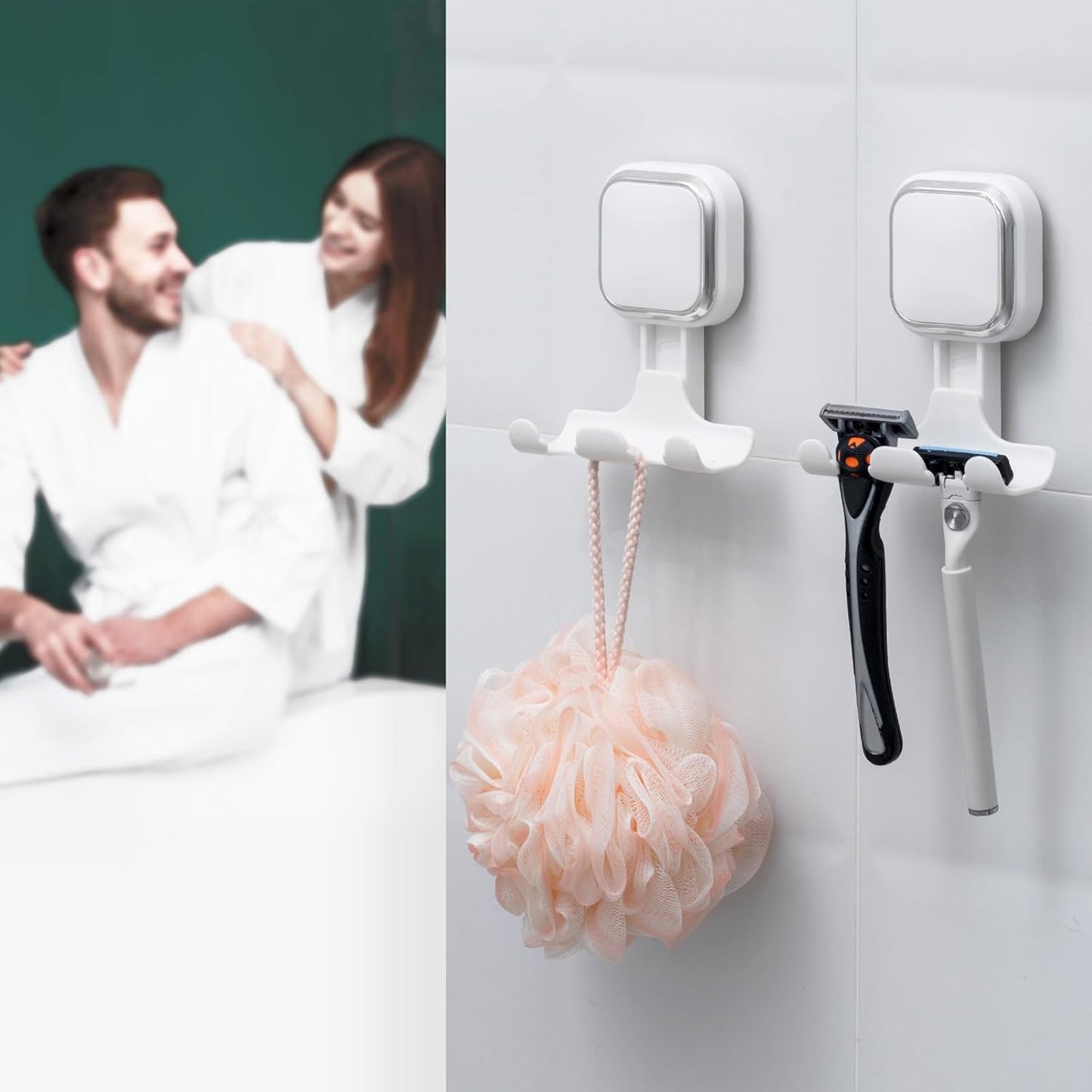 LEVERLOC Vacuum Suction Cup Razor Holder for Shower 2 Pack, Heavy Duty Shower Hooks for Towel, Loofah, Razor, Cell Phone, Damage-Free Hanging Plated Suction Cup Hooks, Easy to Install and Reuse, White