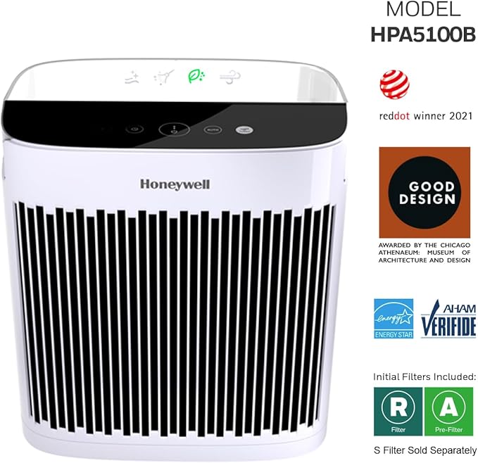 Honeywell Allergen Plus HEPA Air Purifier for Home, Large Rooms up to 900 Ft², Turbo Clean, HEPA Filter Reduces Allergens, Dust, Pollen, Pet Dander, All Smoke Types, Odors, White, HPA5100W
