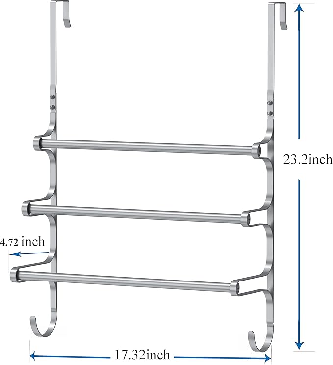 Over The Door Towel Rack, Over Door Towel Rack for Bathroom Door, Triple Towel Storage Holder with Hooks (Silver Gray, 17.32" L)