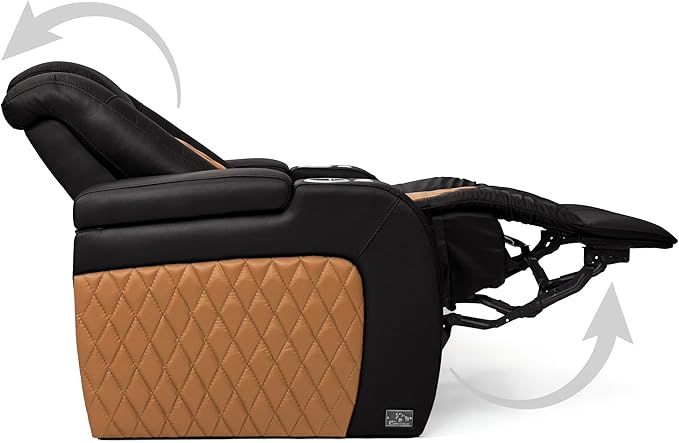 Seatcraft Diamante - Home Theater Seating - Living Room - Power Recline - Italian Leather - Powered Headrests - Cupholders - USB Charging - Ambient Lighting - Arm Storage, Black/Tan Oak, Row of 5