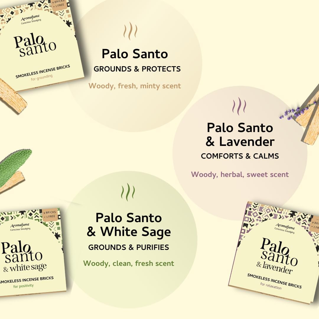 Palo Santo, Palo Santo + White Sage & Palo Santo + Lavender Smokeless Incense Bricks Refill | 3x9 Bricks | Aromatherapy | Smudging | Essential Oils | Air fresheners for Home | Meditation Accessories