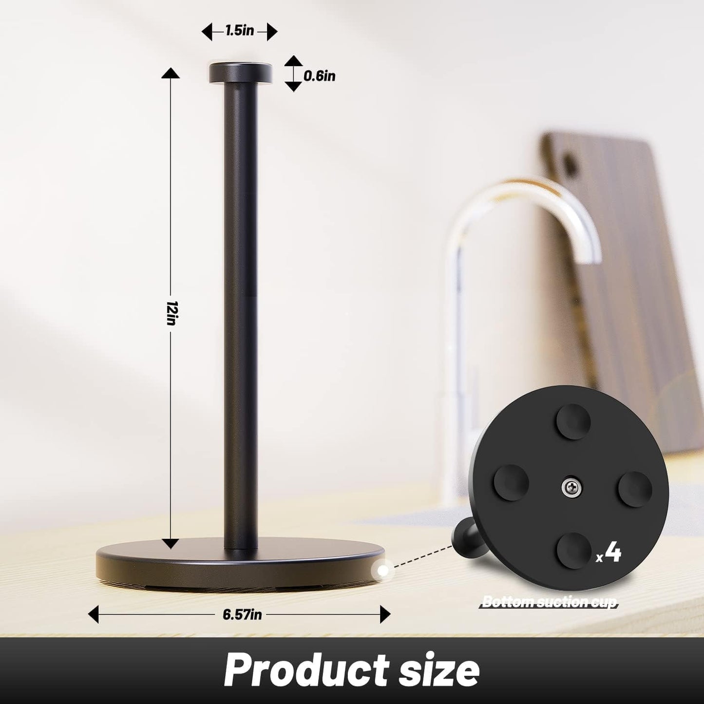 VEHHE Black Paper Towel Holder Countertop, Stainless Steel Paper Towel Holder Stand with Weighted Base Suction Cups for Kitchen Bathroom