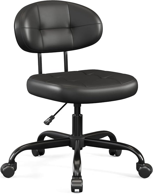 Misolant Vanity Chair with back, Small Armless Cute office Chair with wheels and Lumbar support, Comfy PU Leather Desk Computer Chairs with Adjustable Height, 360°Swivel for Home Bedroom Office, Black