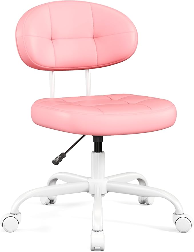 Misolant Vanity Chair with Back, Small Armless Cute Office Chair with Wheels and Lumbar Support, Comfy PU Leather Desk Computer Chairs with Adjustable Height, 360°Swivel for Home Bedroom Office, Pink
