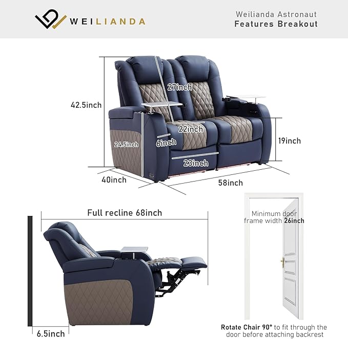 Home Theater Seating, Top Grain Leather Movie Seats Recliner Chair, Zero Gravity Reclining Gaming Sofa with Power Headrest 7 Colors Ambient Lighting 2 Seats Blue Grey