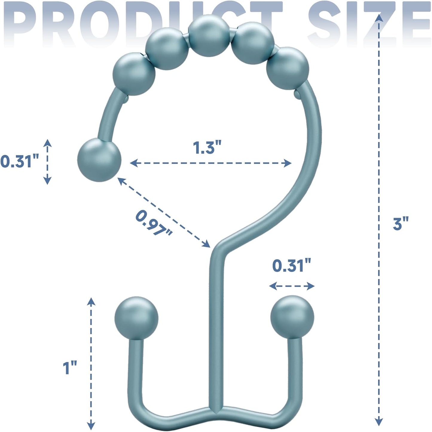 Titanker Shower Curtain Hooks Rings, Rust-Resistant Metal Double Glide Shower Hooks for Bathroom Shower Rods Curtains, Set of 12 Hooks - Lightcyan