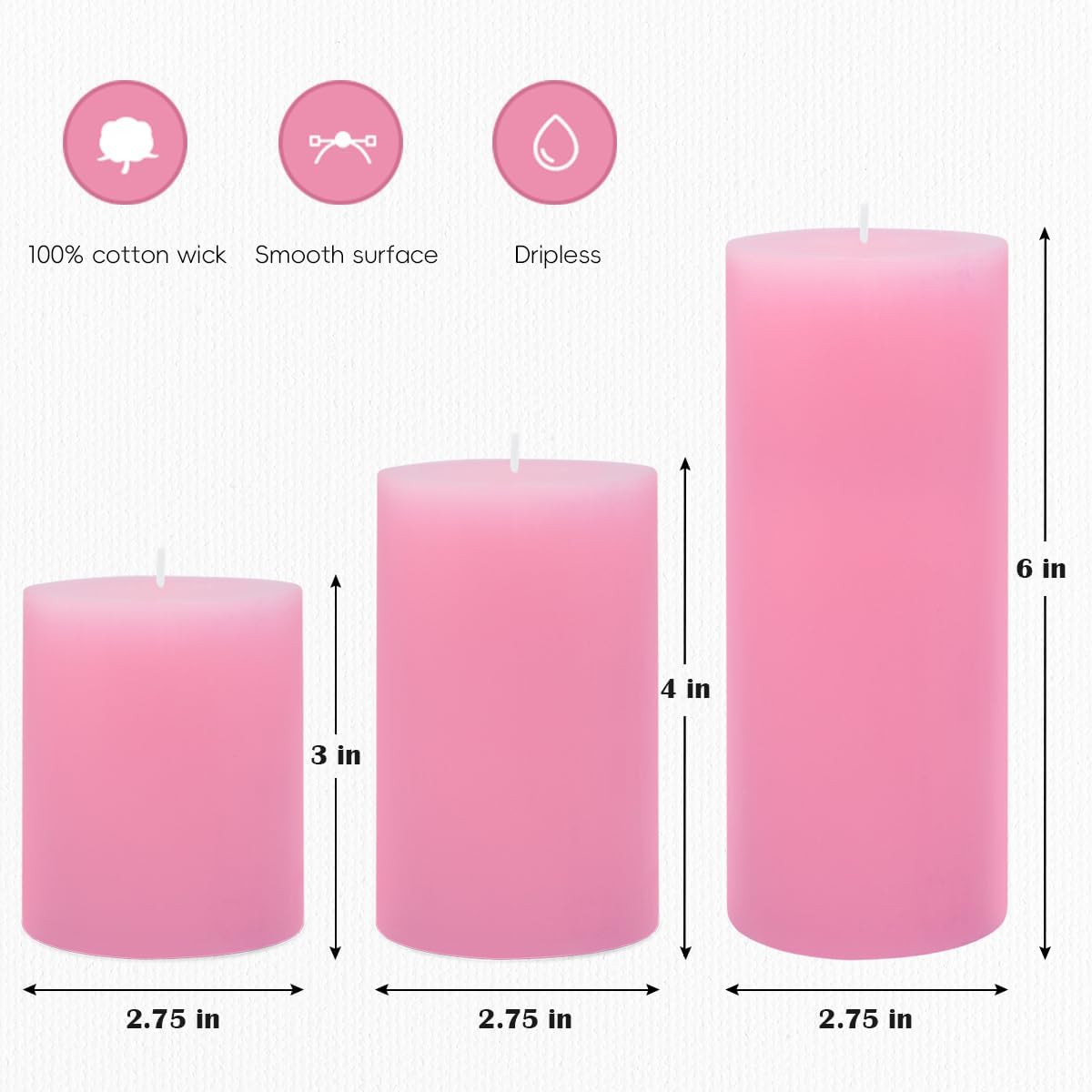 3 Packs Different Size Pink Pillar Candles, Unscented Dripless 2.75x3, 2.75x4, 2.75x6 Inch Pastel Colored Long Lasting Burning Cylinder Wax Candles for Home Power Outage Dinner Table Decoration