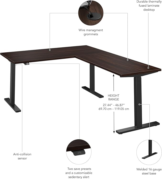 Bush Business Furniture 60-inch Height Adjustable L Shaped Standing Desk, Electric Sit-Stand Corner Computer Table, Ergonomic Office, Move 60 Series, Black Walnut with Black Base