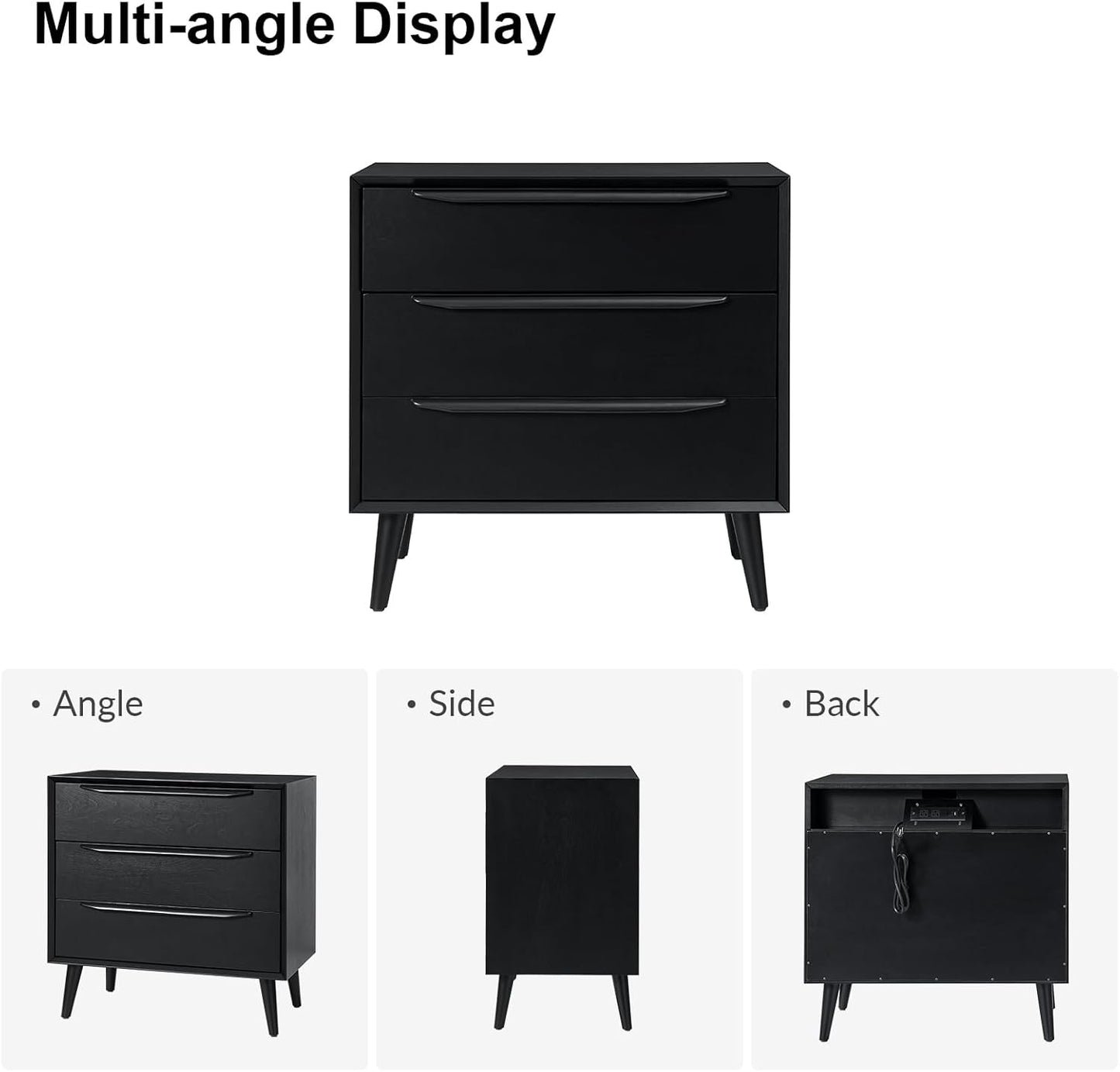 HULALA HOME Mid-Century Modern Nightstand Set of 2, 3-Drawers Nightstand with Charging Station(Black)