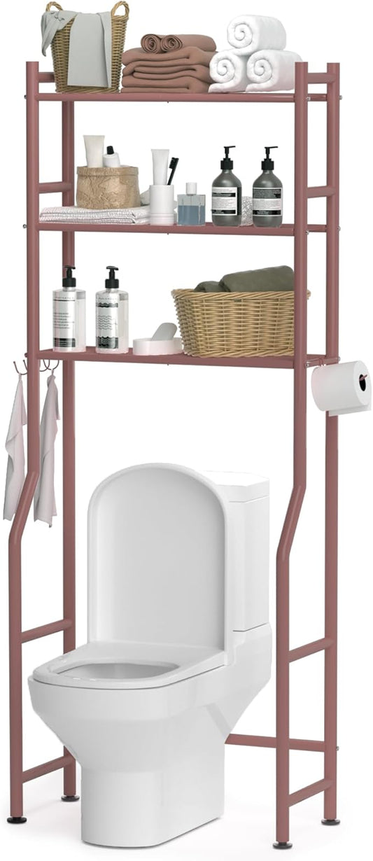 3 Tier Over The Toilet Storage Rack with 2 Basket, Metal Freestanding Bathroom Shelves Toilet with Paper Holder and 4 Hooks, Over Toilet Storage Shelf for Bathroom Storage, Bronze