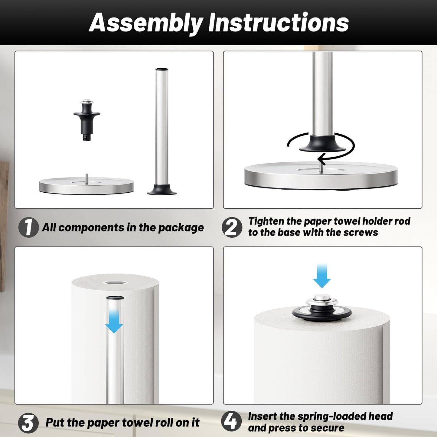 VEHHE Paper Towel Holder Countertop with Unique Damping Spring Structure for One-Handed Tearing, Stainless Steel Paper Towel Holder with Weighted Base and Suction Cups for Kitchen Bathroom, Silver