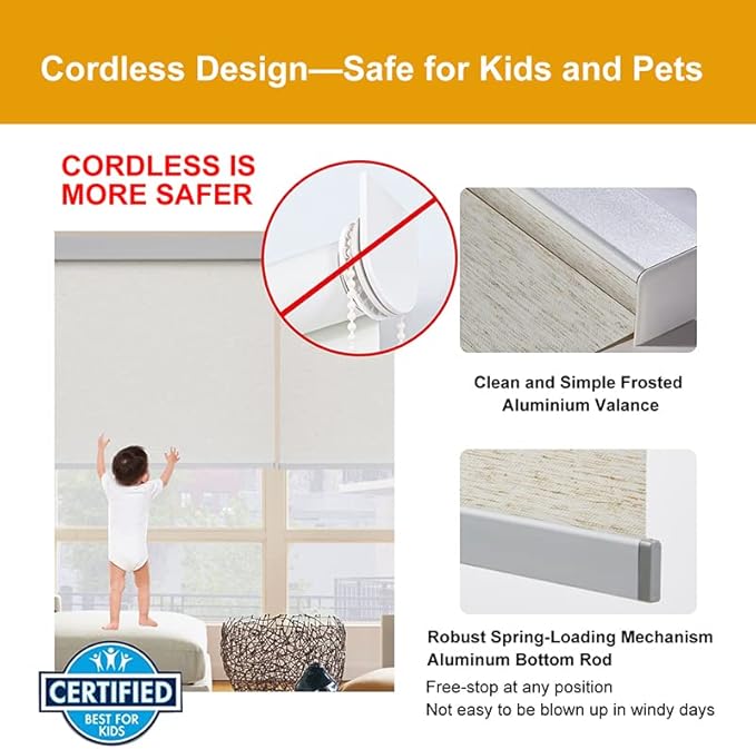 Persilux Cream Light Filtering Cordless Roller Shades for Windows (39" W x 72" H) Natural Woven Polyester Fabric Thermal Insulation Roller Blinds for Windows, Home, Doors, Kitchen