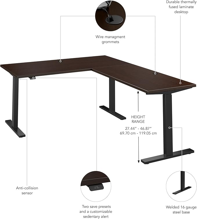 Bush Business Furniture 60-inch Height Adjustable L Shaped Standing Desk, Electric Sit-Stand Corner Computer Table, Ergonomic Office, Move 60 Series, Mocha Cherry with Black Base