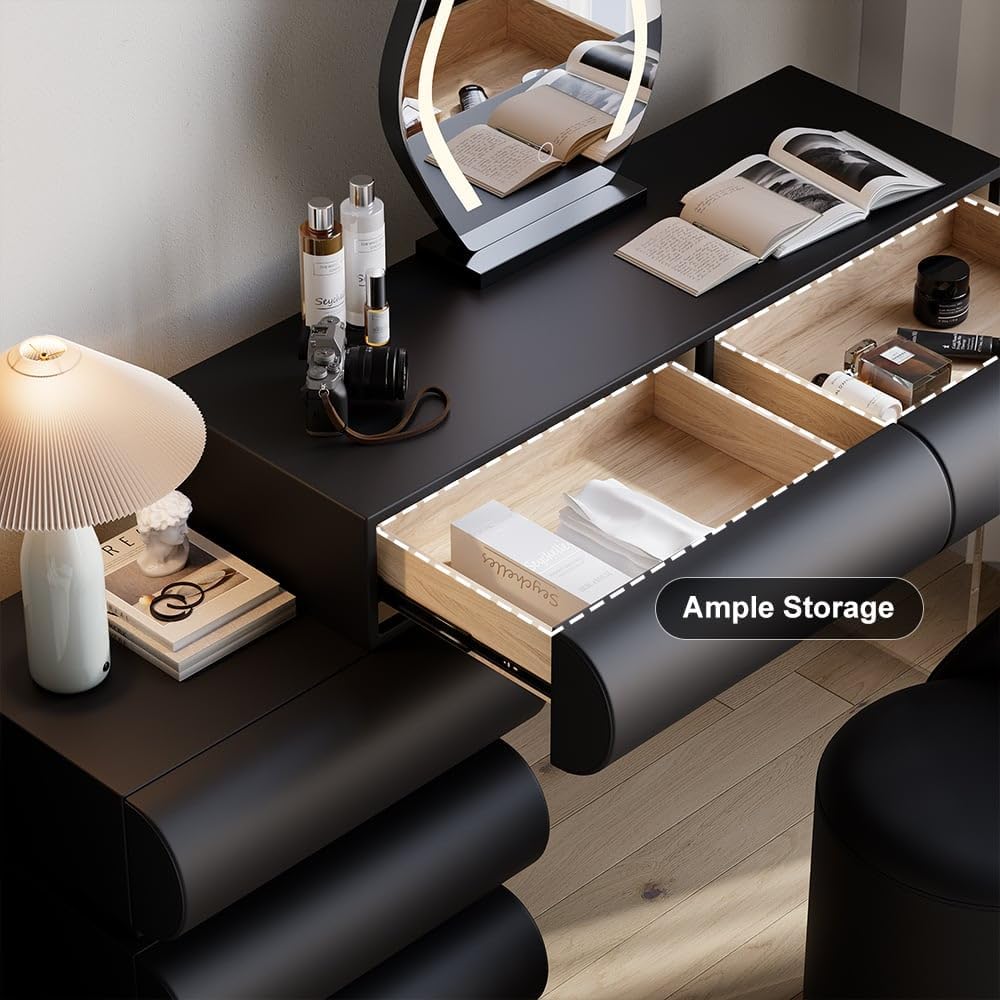 homary Black Makeup Vanity Set with LED Mirror and Dressing Stool, Modern PU Leather Dressing Table with Drawers for Bedroom, Ideal for Women Girls (Black)