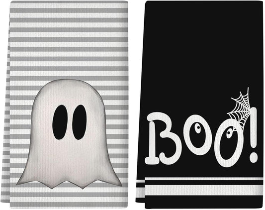 Ghost Boo Halloween Kitchen Towels Dish Towel, Stripes Decoration Hand Towels, Hand Drying Tea Towel for Halloween Baking Cooking Home Kitchen Decor Housewarming Gift Set of 2, 18x26 Inch