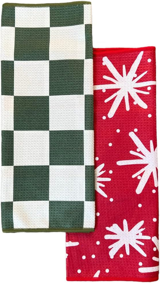 2 Pack Double Sided || Not Your Ordinary Kitchen Towels || Dish Towels || Quick Dry || Waffle Weave Microfiber || Highly Absorbent || Hanging Hook (Christmas Checkered)