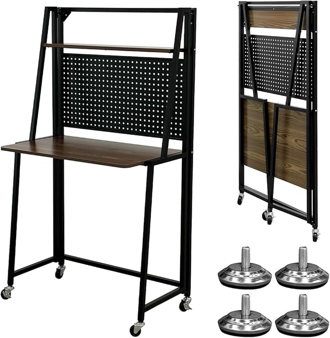 lumizone Folding Desk with Pegboard Collapsible for Small Space 29" Home Office Desk No Assembly Required, Sturdy & Space-Saving, Folding Table, Slim Desk with Storage (Brown-Black)