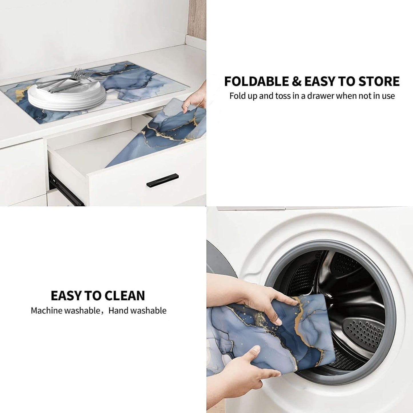 Navy Blue Marble Dish Drying Mat 18x24 For Kitchen Counter Absorbent Microfiber Dishes Pad Dish Drainer Rack Mats Fast Dry Kitchen Accessories