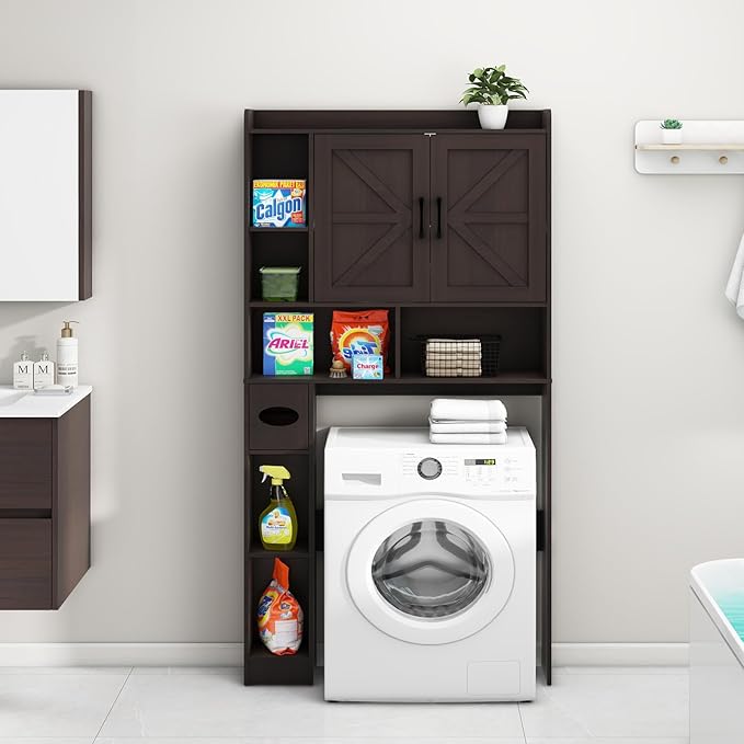 Over The Toilet Storage Cabinet, Farmhouse Storage Cabinet Over Toilet with 2 Barn Door & Toilet Paper Holder Stand，Home Space-Saving Toilet Rack, for Bathroom, Restroom, Laundry
