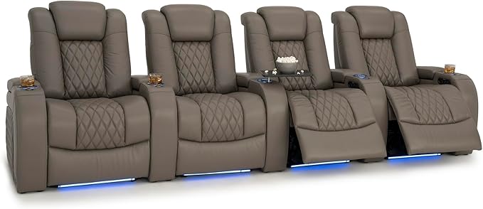 Seatcraft Diamante Zero-Gravity CoolZero Italian Leather Home Theater Seating, Power Headrest, Power Recline, Row of 4, Gray