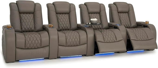 Seatcraft Diamante Zero-Gravity CoolZero Italian Leather Home Theater Seating, Power Headrest, Power Recline, Row of 4, Gray